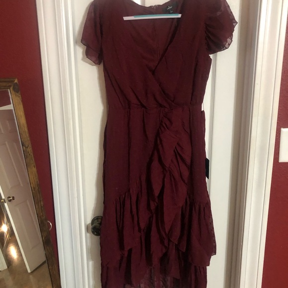 Lulu’s Have Harmony Burgundy Swiss Dot Ruffled Faux Wrap MIDI Dress - Picture 2 of 2